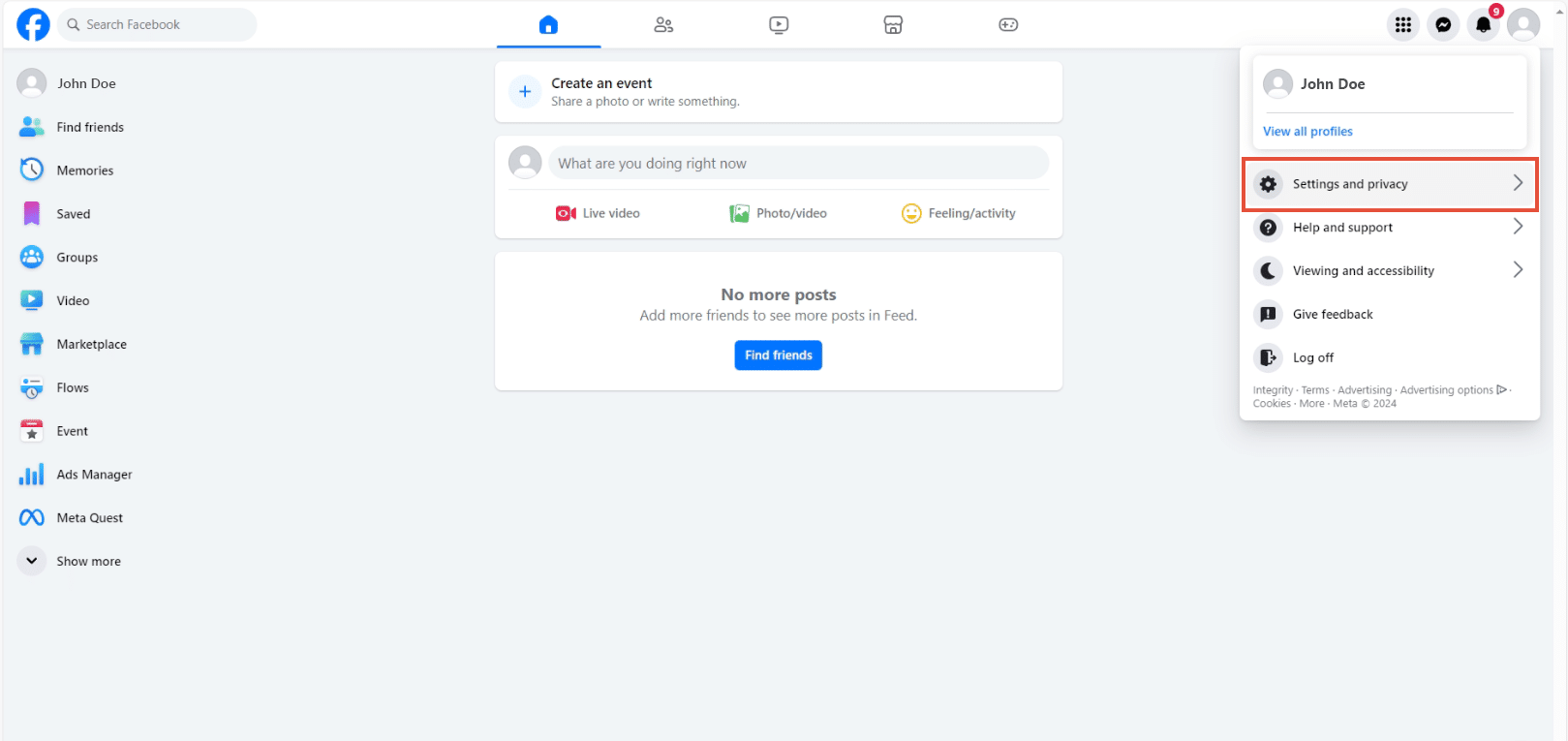 Facebook menu with Settings and privacy highlighted
