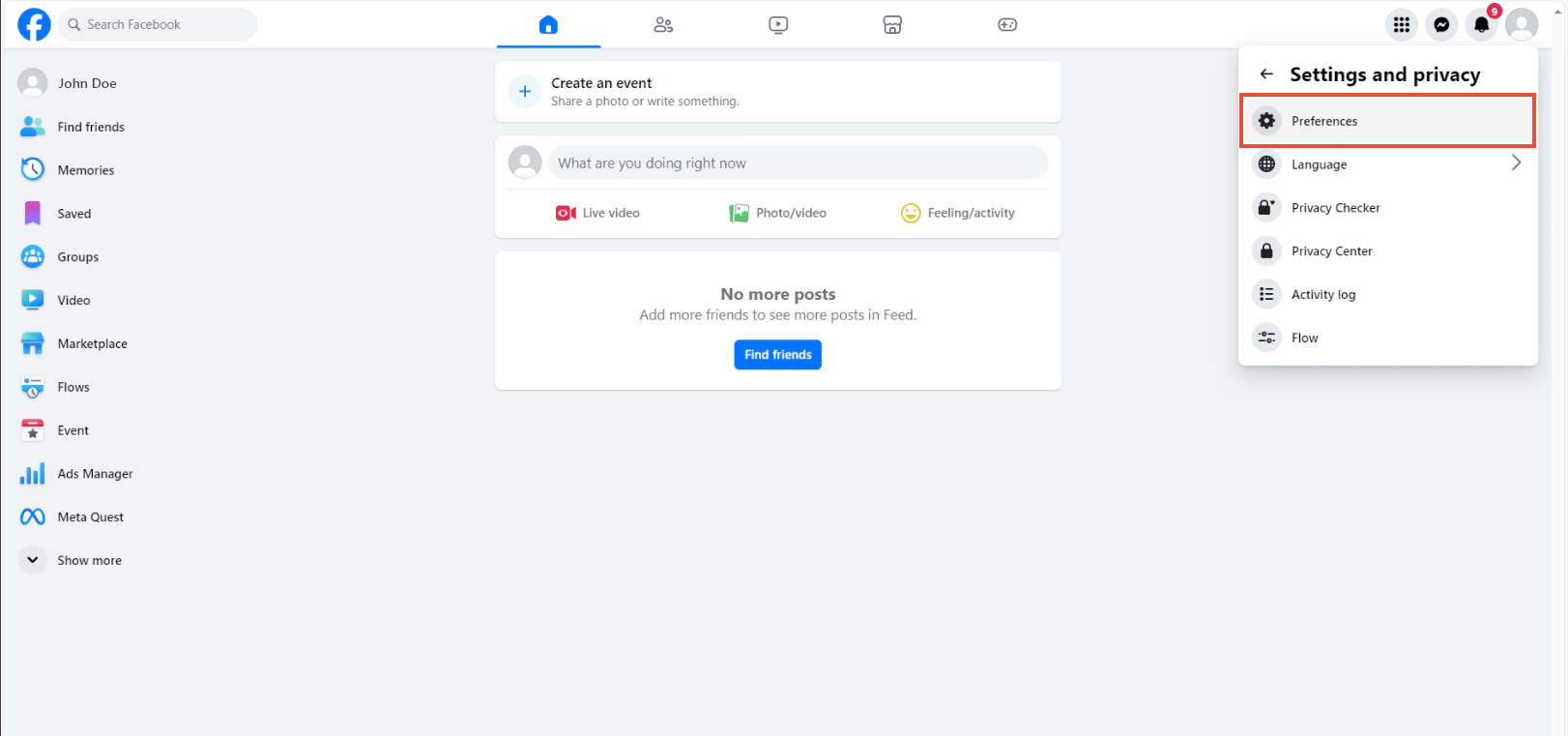 Settings and privacy menu with Preferences highlighted
