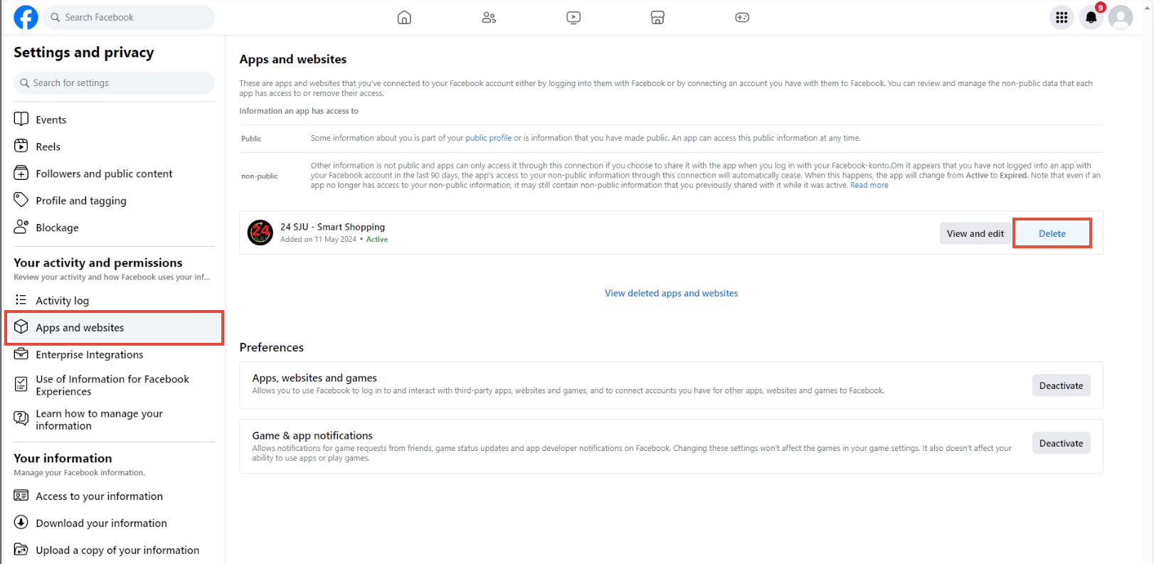 Apps and websites list with 24 SJU – Smart Shopping and its Delete button highlighted