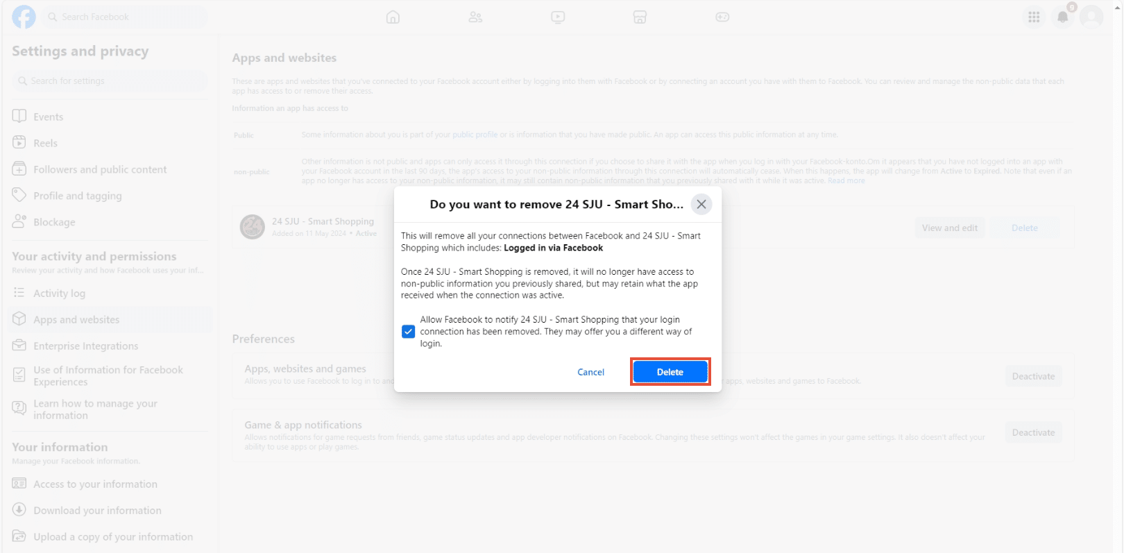 Confirmation dialog to remove 24 SJU – Smart Shopping with the Delete button highlighted